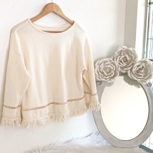Boho Cream Sweater with Fringe Detail